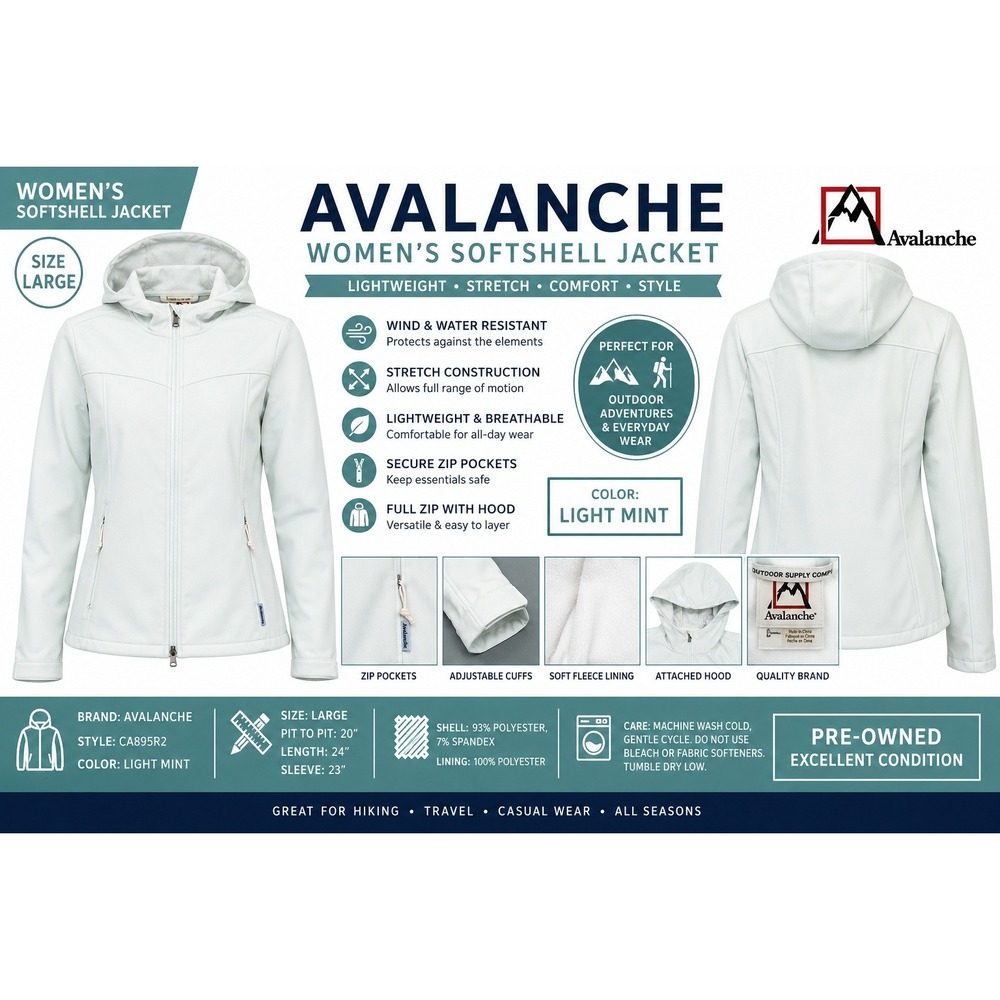 Avalanche Womens Softshell Jacket Light Mint Hooded Fleece Lined CA895R2 Size L